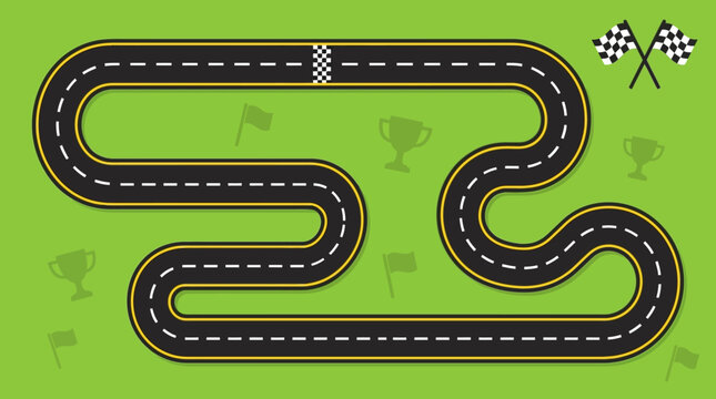 Top Down Race Track Circuit Illustration with Checkered Flags and Green Background