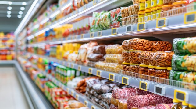 Supermarket aisle with shelves full of packaged food products and snacks