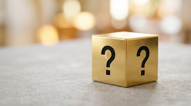 Golden cube with question marks on a blurred background