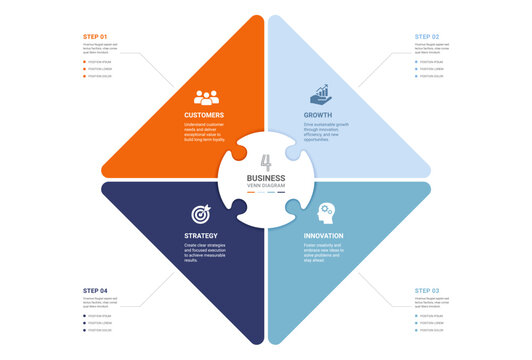 Business Venn Diagram Infographic Template Background with Four Puzzle Sections, Strategy Process, Modern Vector Design