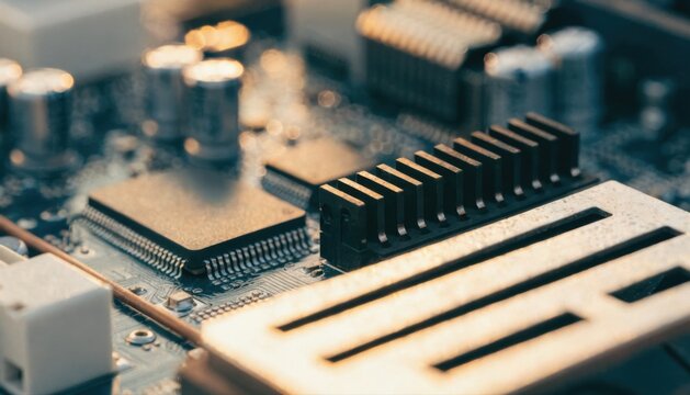 Close-up of a computer motherboard showing integrated circuits, connectors, and electronic components with a shallow depth of field.