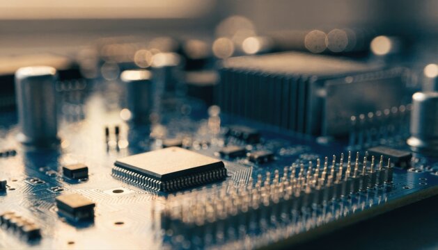 Close-up of a computer motherboard featuring circuits, capacitors, and a central microchip with a blurred background of electronic components and bokeh lighting effects.