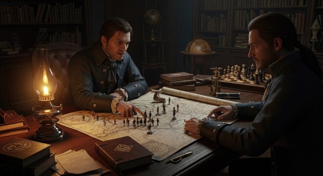 Two men in period clothing playing a tabletop strategy game.