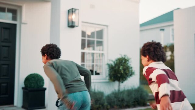 Children, friends and excited with hug at front door for holiday visit, happy reunion or welcome. Embrace, black boys or greeting outdoor at house for weekend playdate, social development and running
