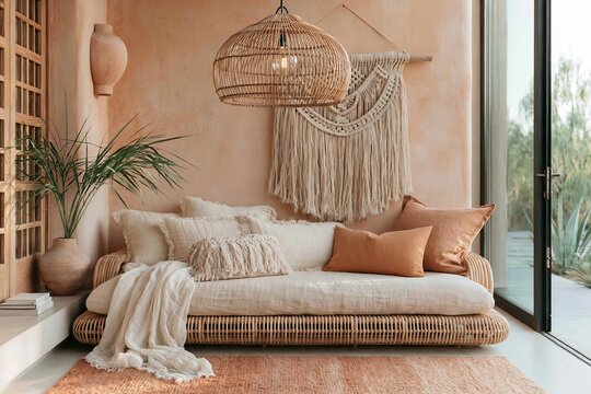 Boho living room featuring a rattan sofa with warm rust orange cushions, macrame wall hanging, and large glass doors opening to a serene outdoor view