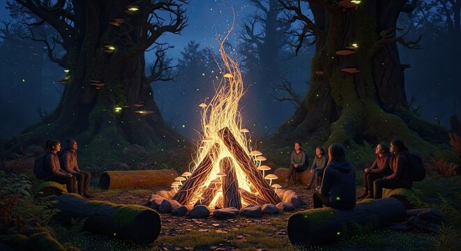 Group of friends sitting around campfire in dark forest.