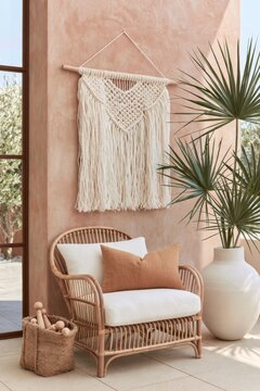 Boho living room corner featuring a macrame wall hanging, rattan chair with cushions, and decorative plant in a warm-toned interior space
