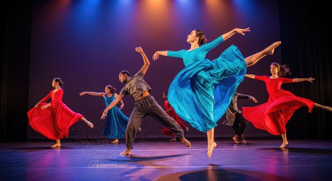 Professional contemporary dancers performing on stage in color