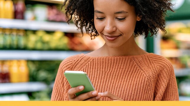 Woman using smartphone app to scan groceries in a supermarket aisle