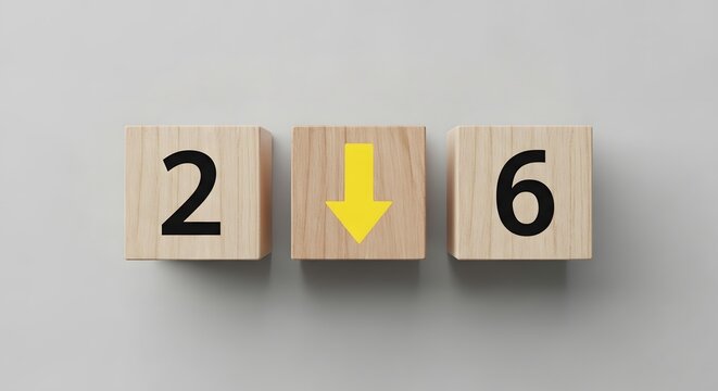 Wooden blocks with number two and six and a yellow down arrow symbol representing a decrease or decline in statistics or business performance trends in a creative conceptual display