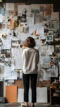 Woman studies a collection of architectural drawings and reference sketches pinned to her office studio wall.
