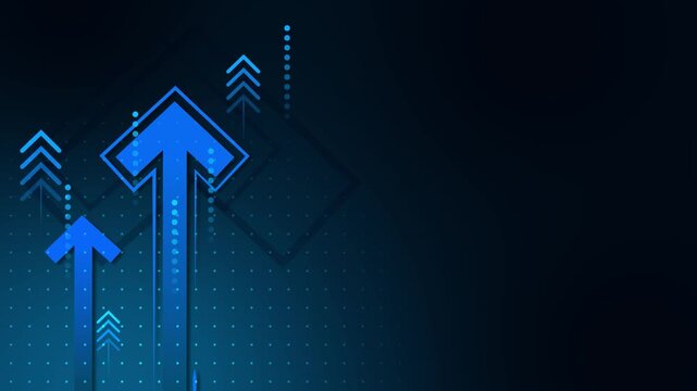 Abstract dark background with upward-pointing neon arrows and dotted grid pattern animation