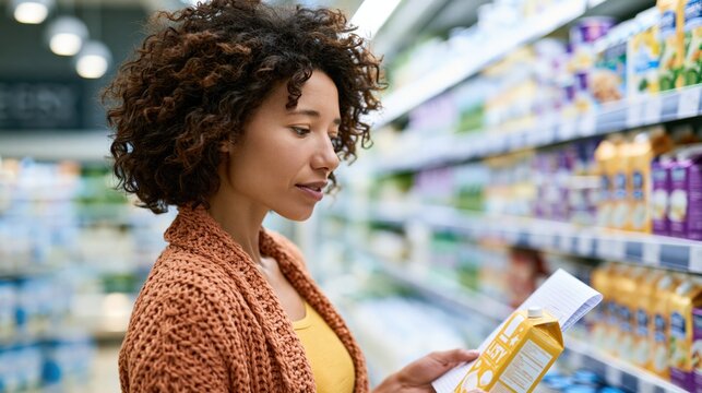 Side view of a Black woman reading her shopping list in a grocery store aisle