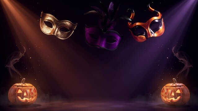 Glowing jack o lanterns and masquerade masks