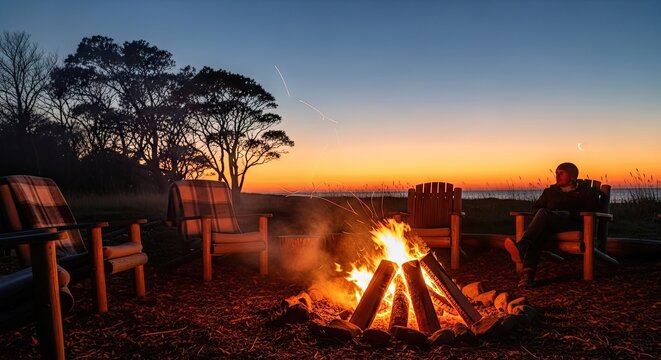 Group of people sitting around campfire at sunset outdoors.
