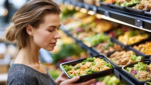 Woman choosing pre-portioned healthy meal from refrigerated display case