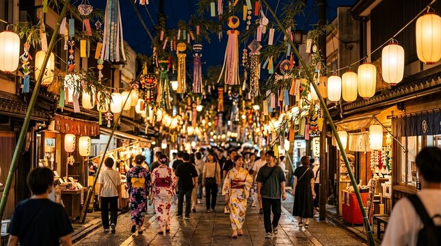 Traditional Japanese Tanabata Festival Street Scene with Colorful Decorations and Glowing Paper Lanterns at Night.