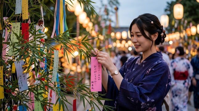 Young Japanese woman in yukata hanging paper wishes on bamboo at Tanabata festival.