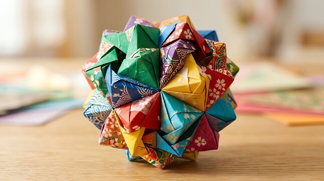 Colorful geometric origami kusudama paper sphere on wooden table.