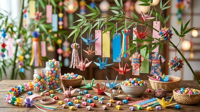 Colorful Japanese Tanabata Festival Decorations with Origami Cranes and Bamboo Branches.
