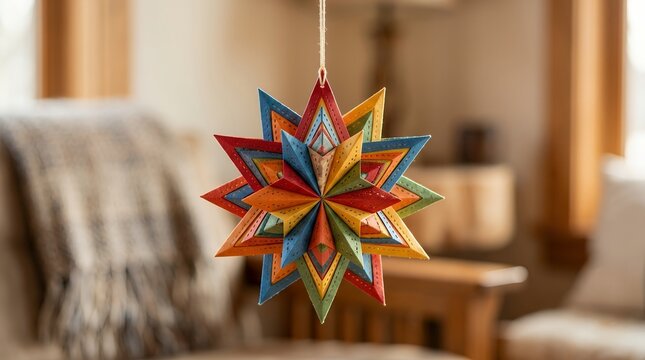 Colorful Moravian Star Hanging Decoration for Christmas Home Interior Decor.