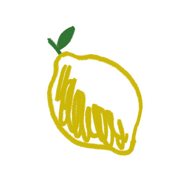 Simple sketch of a yellow lemon with green leaf, hand-drawn style.
