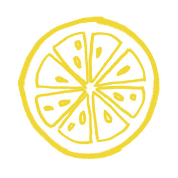 Hand-drawn yellow lemon slice cross-section, simple sketch style.