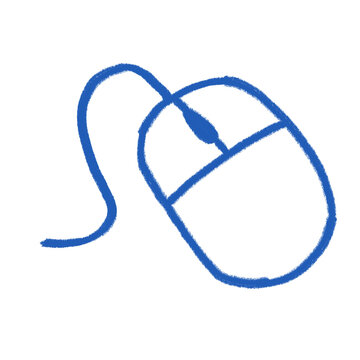 Blue crayon sketch of a classic wired computer mouse on white background.