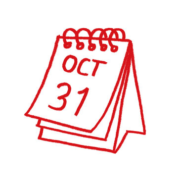 Red sketch style calendar page shows October 31st, spiral bound. Simple line art depicts stacked pages with bold.