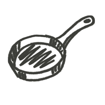Hand-drawn sketch of a simple frying pan with scribbled lines inside, black ink on white background