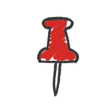 Red sketch-style pin photo with bold black outline and textured fill. Simple, hand-drawn design on white background