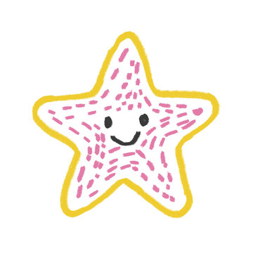 Cute illustrated starfish with pink speckles and yellow outline. Cartoonish design features friendly smiling face.