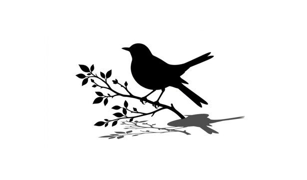 Perched American Robin bird on branch silhouette with realistic cast shadow black and white songbird vector illustration isolated on white background
