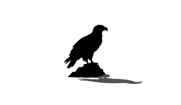 Perched eagle on rock silhouette with realistic cast shadow black and white wildlife vector illustration isolated on white background