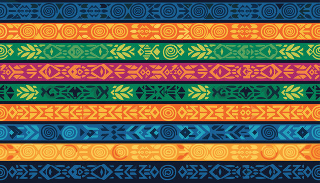 Colorful seamless tribal pattern featuring horizontal geometric borders in ethnic Aztec style with bright colors.