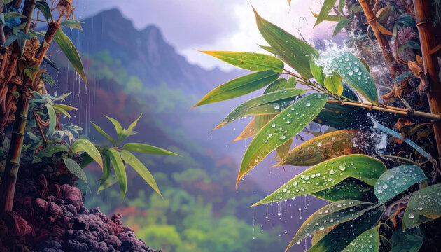 Dewdrops on vibrant green bamboo leaves with misty mountains in the background.