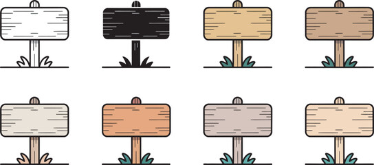 Blank cartoon wood sign post set featuring grass, outline, silhouette and colorful variations isolated on transparent background for game design, advertising, wayfinding, banners and creative vector  ©  