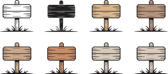 Blank wooden sign post vector collection with cartoon style, grass base, outline, silhouette and full color variations for game assets, advertising, outdoor signage, branding and creative design  ©  