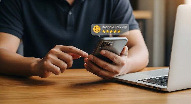 Person using a smartphone to give a five star rating and review online while sitting at a desk with a laptop computer in a modern office environment during a business workday