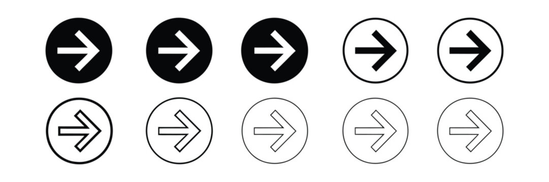 Minimalist Right Arrow Icon Set in Solid Black and Outline Circle, Clean Flat Vector Style for Navigation and Interface Design