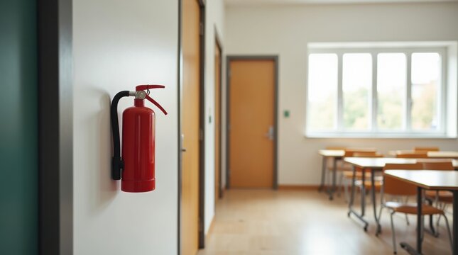 Aula con un extintor instalado cerca de la puerta de salida