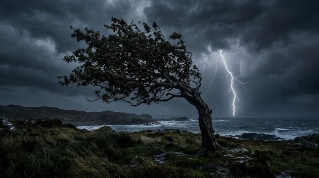 Dramatic lightning strike over a windswept tree by the stormy ocean coast.