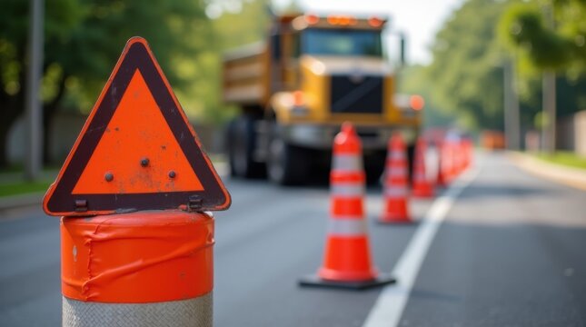 Conos de tr&aacute;fico de color naranja brillante y se&ntilde;al de advertencia de obras viales que protegen un proyecto activo de repavimentaci&oacute;n de calles