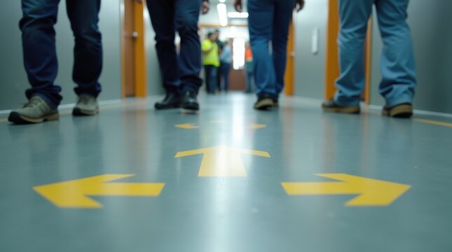 Primer plano de trabajadores siguiendo las marcas de evacuaci&oacute;n en el suelo hacia una salida de emergencia
