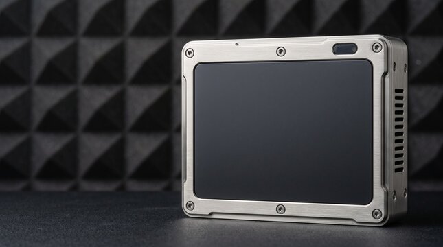 Creative Portable external hard drive, rugged metal enclosure, black screen, industrial design, data storage device 2k