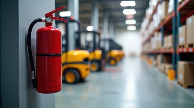 Extintor instalado en el pasillo de un almac&eacute;n moderno