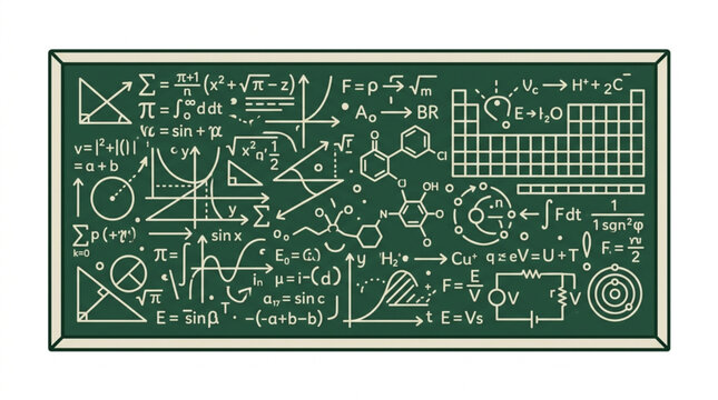 Chalkboard filled with mathematical equations and diagrams.