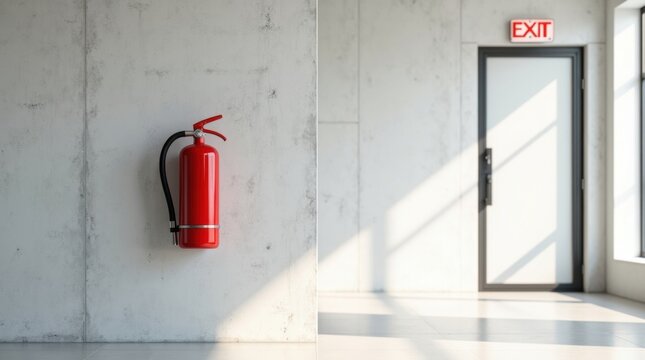 Extintor de incendios rojo y moderno, montado en una pared de hormig&oacute;n blanco y limpio de una oficina, junto a una salida de emergencia
