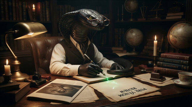 Anthropomorphic cobra with critical mood wearing a men's business suit seated at a desk as a theater critic against elegant theater background