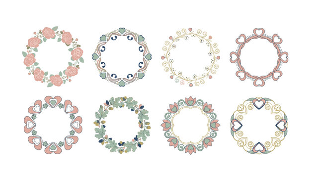 Collection of eight delicate circular wreaths decorated with vintage roses, hearts, oak leaves, and elegant borders.